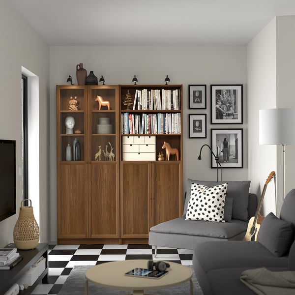 BILLY / OXBERG bookcase with panel/glass doors, brown walnut effect/clear glass, 160x30x202 cm