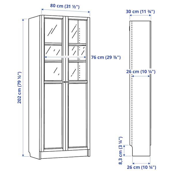 BILLY / OXBERG - Bookcase with panel/glass doors, brown walnut effect, 80x30x202 cm