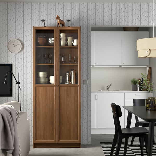 BILLY / OXBERG bookcase with panel/glass doors, brown walnut effect, 80x30x202 cm