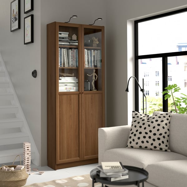 BILLY / OXBERG bookcase with panel/glass doors, brown walnut effect, 80x30x202 cm
