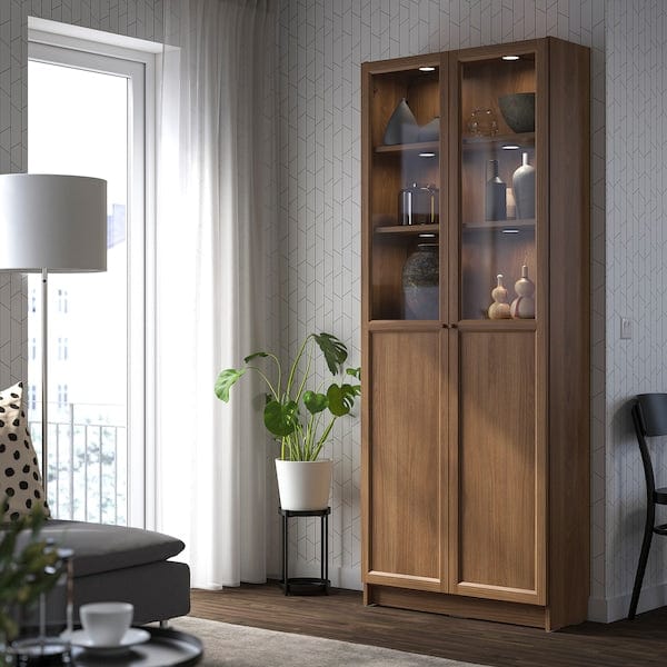 Ikea BILLY / OXBERG - Bookcase with panel/glass doors, brown walnut effect, 80x30x202 cm