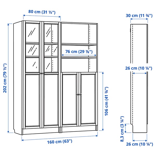 BILLY / OXBERG bookcase with panel/glass doors, dark brown oak effect/clear glass, 160x30x202 cm