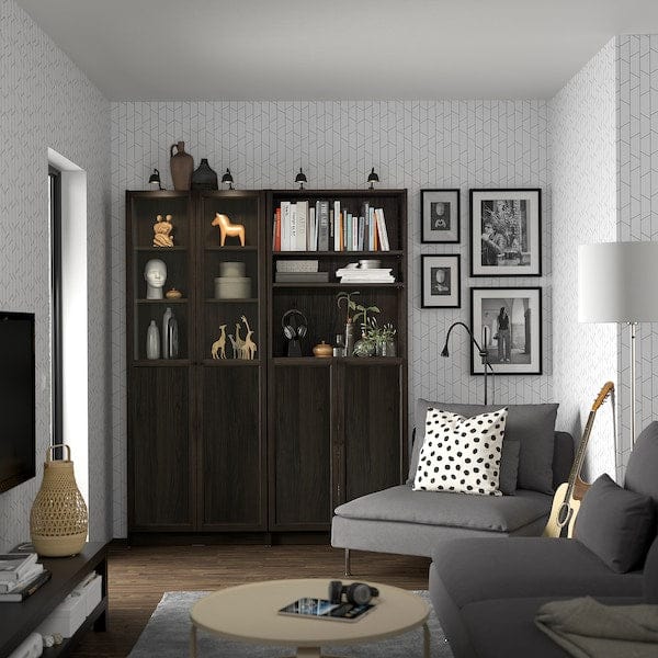 Ikea BILLY / OXBERG - Bookcase with glass panel/door, dark brown oak effect/transparent glass,160x30x202 cm
