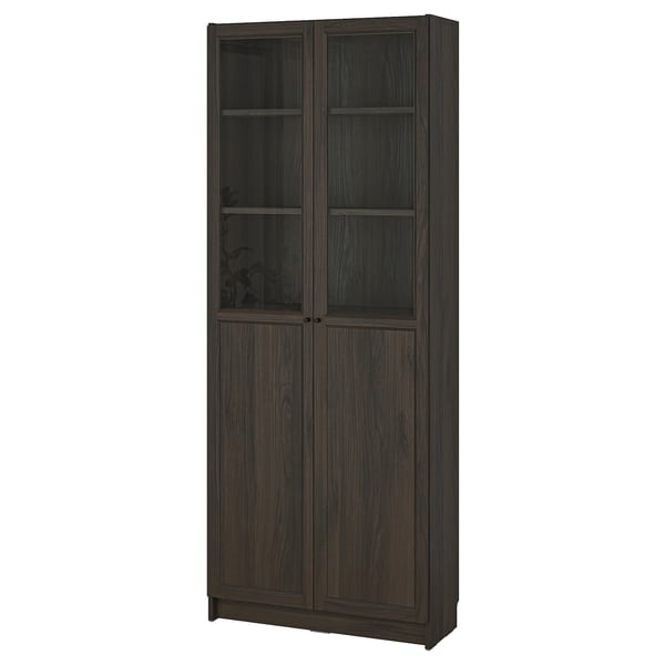 BILLY / OXBERG bookcase with panel/glass doors, dark brown oak effect, 80x30x202 cm