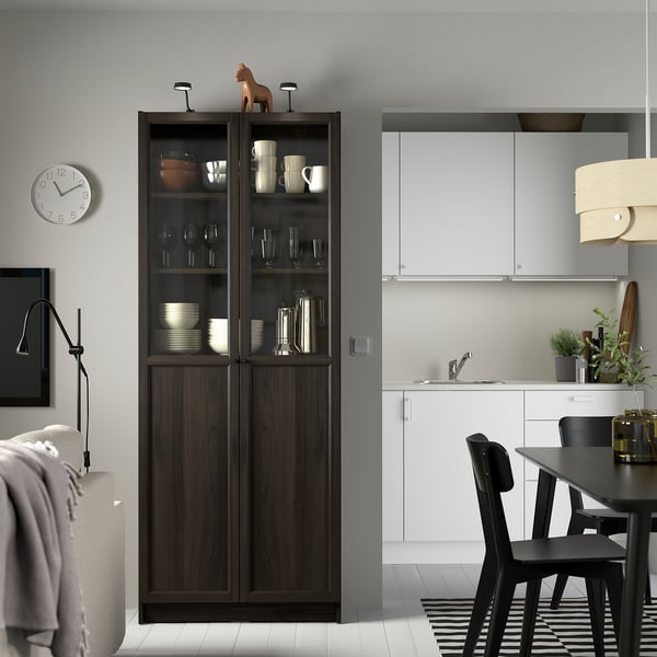 BILLY / OXBERG - Bookcase with glass panel/door, dark brown oak effect,80x30x202 cm