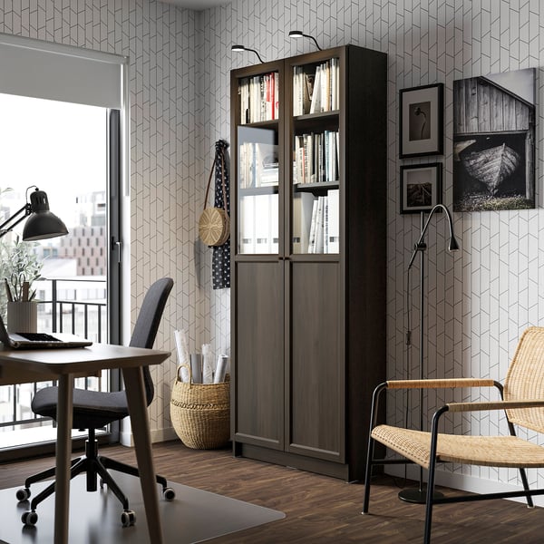 BILLY / OXBERG - Bookcase with glass panel/door, dark brown oak effect,80x30x202 cm