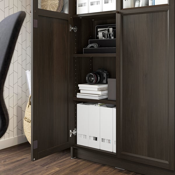 BILLY / OXBERG - Bookcase with glass panel/door, dark brown oak effect,80x30x202 cm