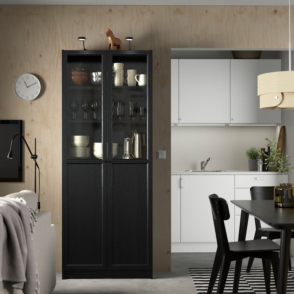 BILLY / OXBERG bookcase with panel/glass doors, black oak effect, 80x30x202 cm