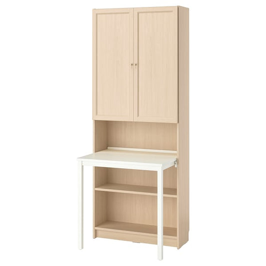 BILLY / OXBERG - Bookcase with desk, birch/white effect,80x202 cm