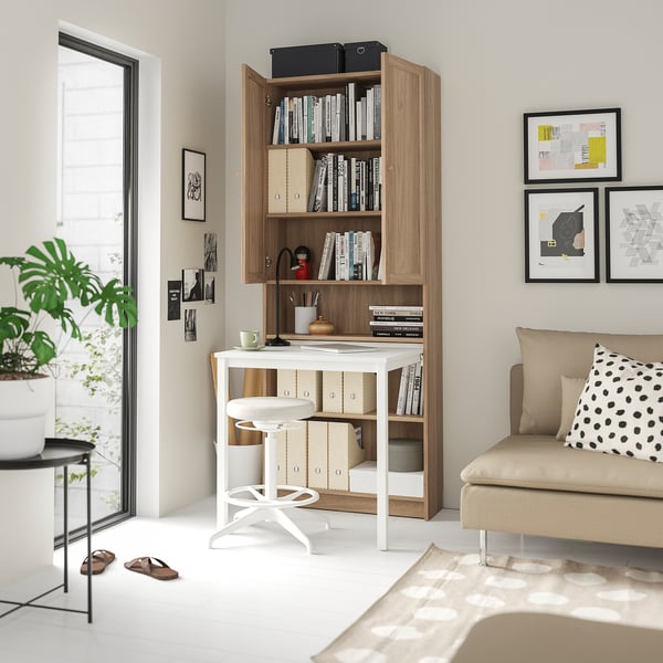 BILLY / OXBERG - BILLY / OXBERG Bookcase with desk, oak effect/white, 80x202 cm