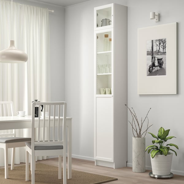 BILLY / OXBERG bookcase w hght ext ut/pnl/glss drs, white/glass, 40x30x237 cm
