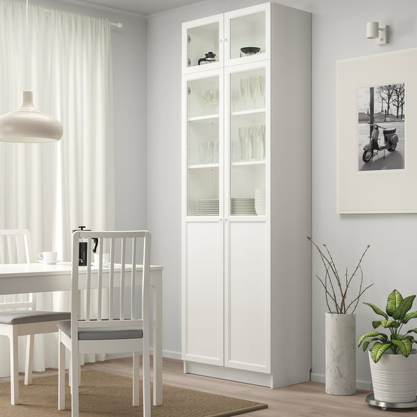 BILLY / OXBERG bookcase w hght ext ut/pnl/glss drs, white/glass, 80x41x237 cm
