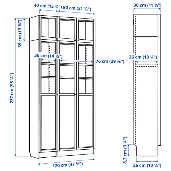 BILLY / OXBERG - BILLY / OXBERG Bookcase w hght ext ut/pnl/glss drs, brown walnut effect/clear glass, 120x30x237 cm