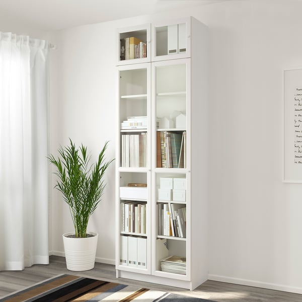 BILLY / OXBERG bookcase w height extension ut/drs, white/glass, 80x41x237 cm