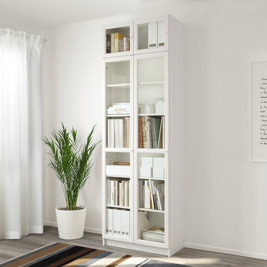 BILLY / OXBERG bookcase w height extension ut/drs, white/glass, 80x41x237 cm