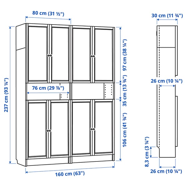 BILLY / OXBERG bookcase w height extension ut/drs, white, 160x30x237 cm