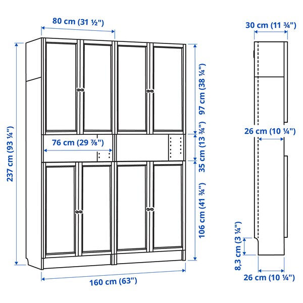 BILLY / OXBERG - Bookcase w height extension ut/drs, oak effect, 160x30x237 cm