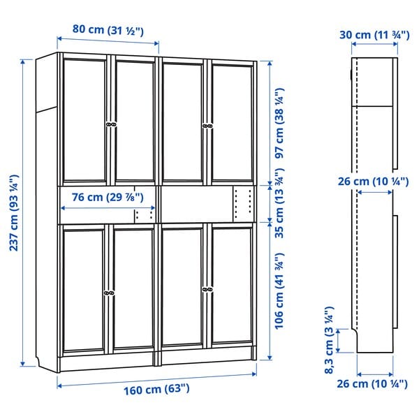 Ikea BILLY / OXBERG - Bookcase w height extension ut/drs, oak effect, 160x30x237 cm