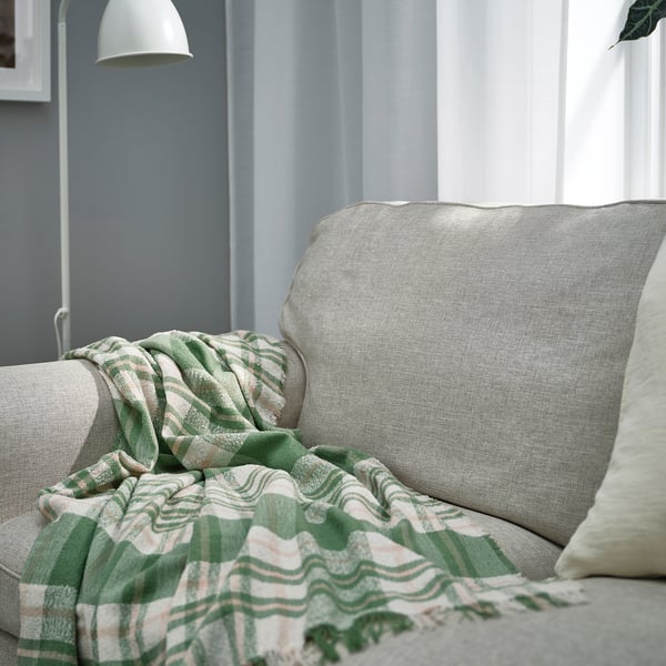BISKOPSMÖSSA throw, green/off-white, 130x170 cm