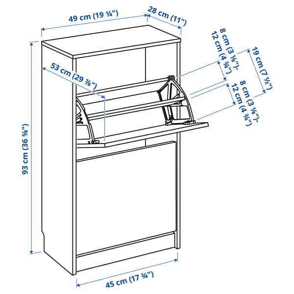 BISSA shoe cabinet with 2 compartments, white, 49x28x93 cm