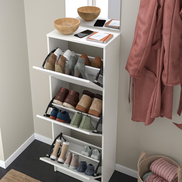 BISSA shoe cabinet with 3 compartments, white, 49x28x135 cm