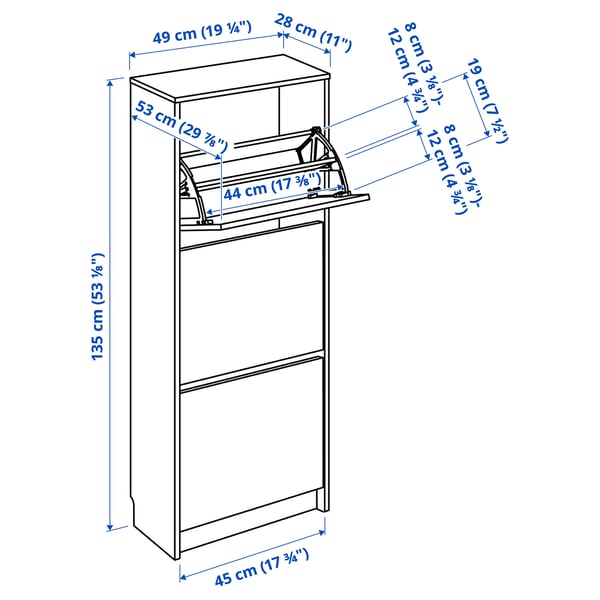 BISSA shoe cabinet with 3 compartments, black-brown, 49x28x135 cm