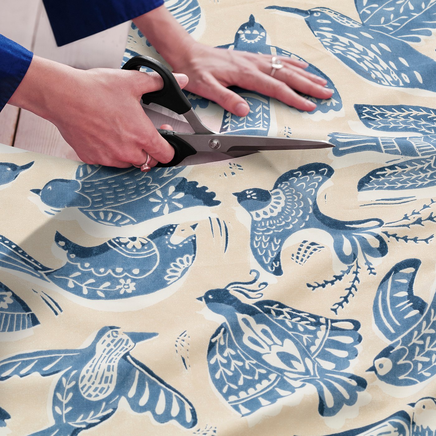 BITTERSÖTA pre-cut fabric, beige/blue/bird pattern, 300x150 cm