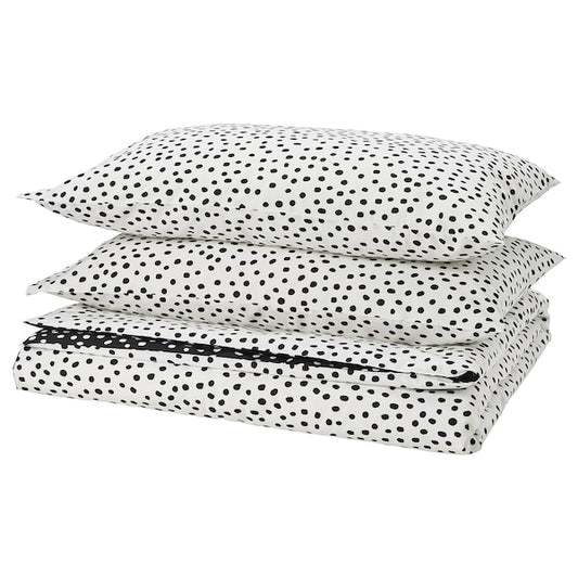 BJÖRKGRÅMAL - Duvet cover and 2 pillowcases, black white/dotted, 240x220/50x80 cm