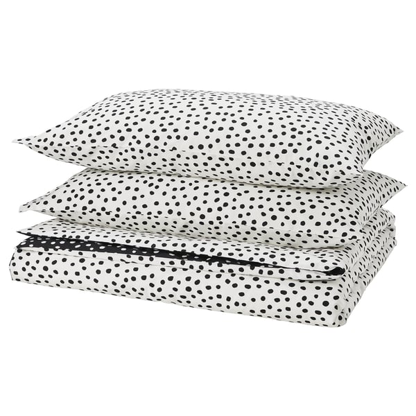 BJÖRKGRÅMAL duvet cover and 2 pillowcases, black white/dotted, 240x220/50x80 cm
