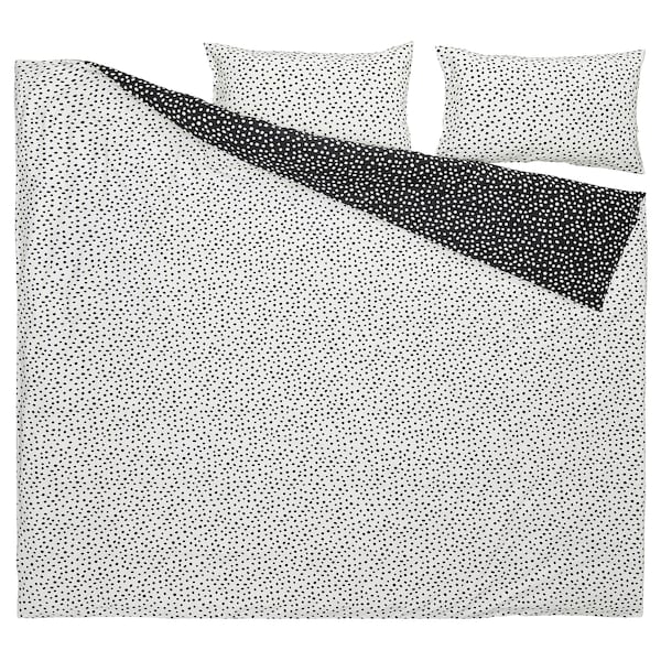BJÖRKGRÅMAL - Duvet cover and 2 pillowcases, black white/dotted, 240x220/50x80 cm