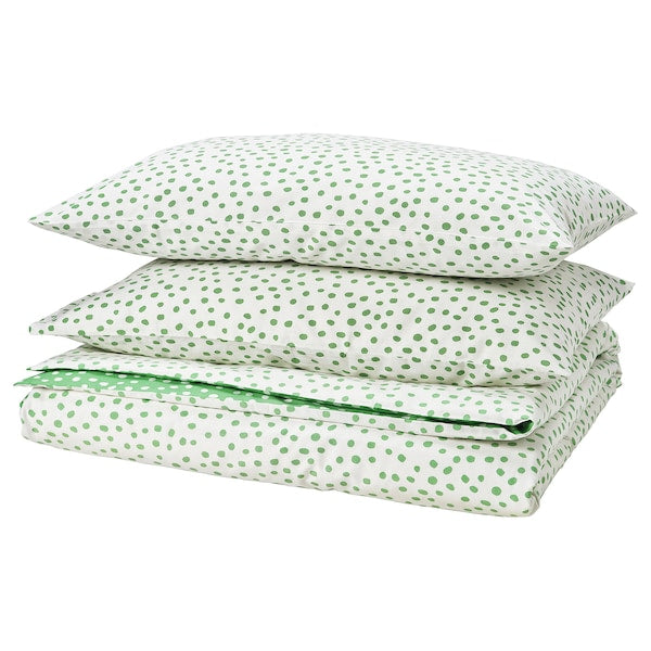 BJÖRKGRÅMAL - Duvet cover and 2 pillowcases, green white/polka dot,240x220/50x80 cm