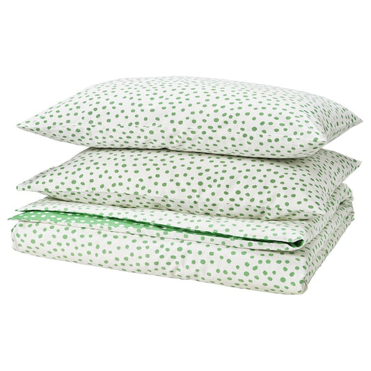 BJÖRKGRÅMAL - Duvet cover and 2 pillowcases, green white/polka dot,240x220/50x80 cm
