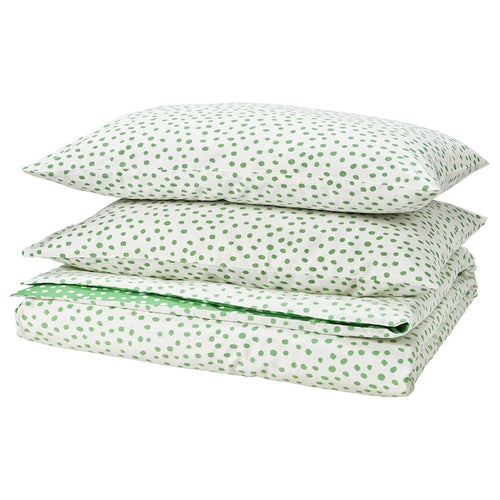 BJÖRKGRÅMAL - Duvet cover and 2 pillowcases, green white/polka dot,240x220/50x80 cm