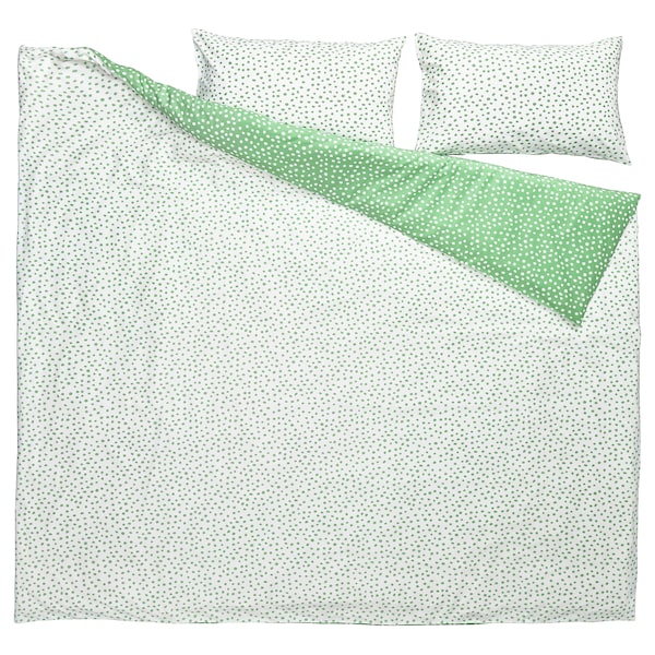 BJÖRKGRÅMAL - Duvet cover and 2 pillowcases, green white/polka dot,240x220/50x80 cm