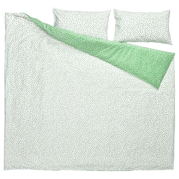 BJÖRKGRÅMAL - Duvet cover and 2 pillowcases, green white/polka dot,240x220/50x80 cm