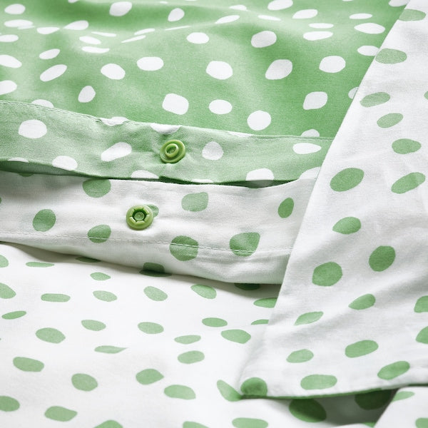 BJÖRKGRÅMAL duvet cover and 2 pillowcases, green white/dotted, 240x220/50x80 cm