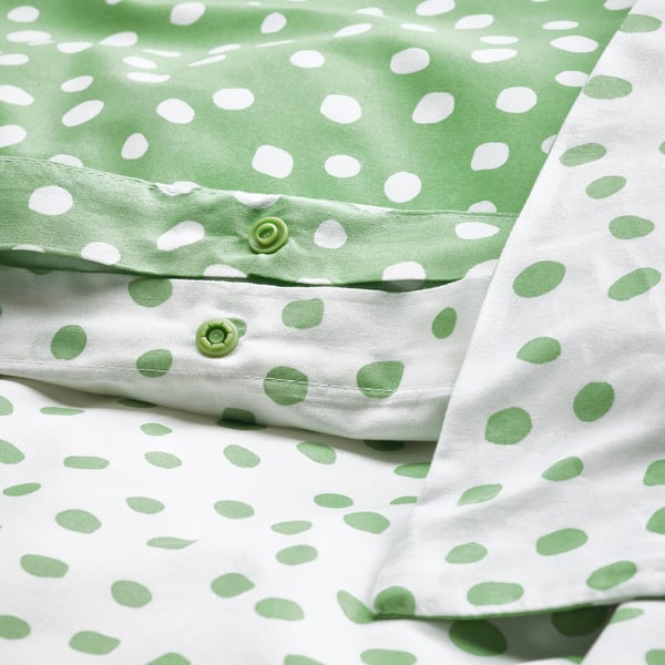 BJÖRKGRÅMAL - Duvet cover and 2 pillowcases, green white/polka dot,240x220/50x80 cm