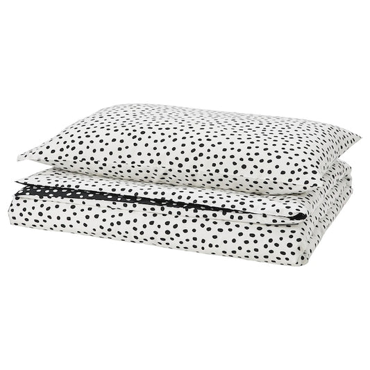 BJÖRKGRÅMAL - Duvet cover and pillowcase, black white/dotted, 150x200/50x80 cm
