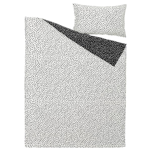 BJÖRKGRÅMAL - Duvet cover and pillowcase, black white/dotted, 150x200/50x80 cm