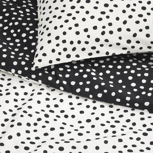 BJÖRKGRÅMAL - Duvet cover and pillowcase, black white/dotted, 150x200/50x80 cm