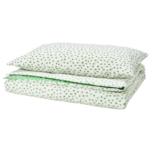BJÖRKGRÅMAL - Duvet cover and pillowcase, green white/polka dot,150x200/50x80 cm