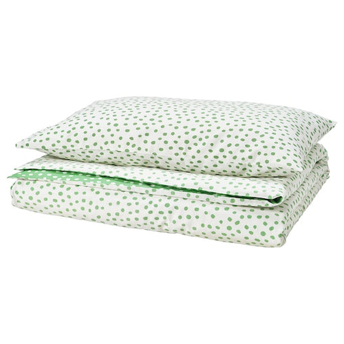 BJÖRKGRÅMAL - Duvet cover and pillowcase, green white/polka dot,150x200/50x80 cm