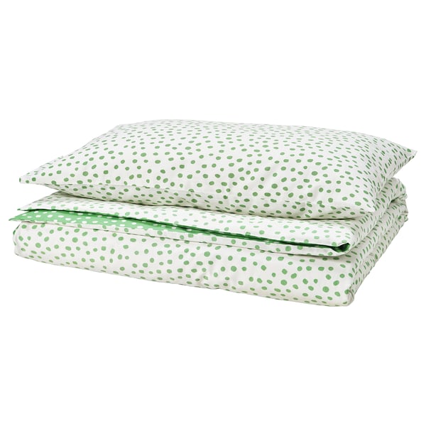 BJÖRKGRÅMAL - Duvet cover and pillowcase, green white/polka dot,150x200/50x80 cm