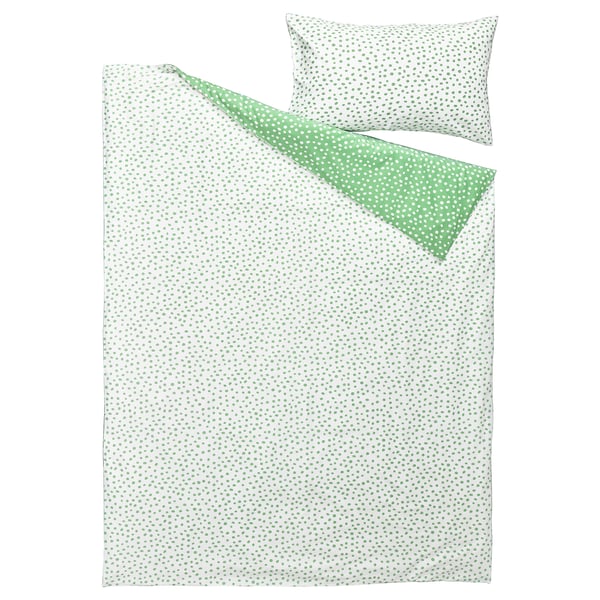 BJÖRKGRÅMAL - Duvet cover and pillowcase, green white/polka dot,150x200/50x80 cm