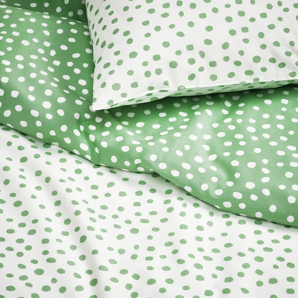 BJÖRKGRÅMAL duvet cover and pillowcase, green white/dotted, 150x200/50x80 cm
