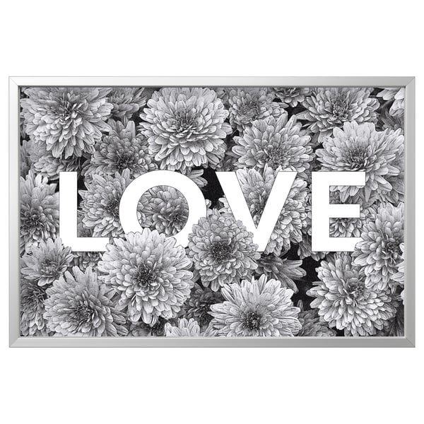 BJÖRKSTA picture with frame, flower love/aluminium-colour, 118x78 cm