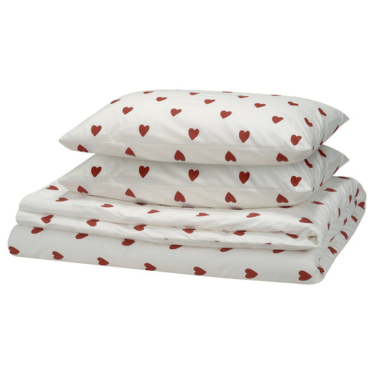 BJÖRNBÄRBUSKE duvet cover and 2 pillowcases, heart pattern white/red, 240x220/50x80 cm