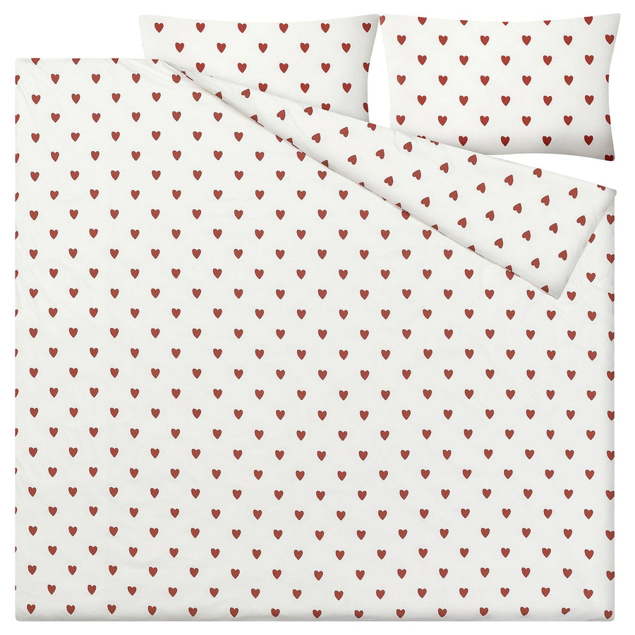BJÖRNBÄRBUSKE duvet cover and 2 pillowcases, heart pattern white/red, 240x220/50x80 cm