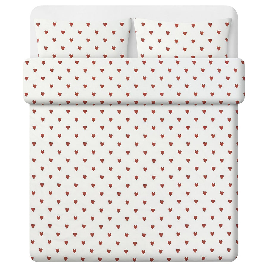 BJÖRNBÄRBUSKE duvet cover and 2 pillowcases, heart pattern white/red, 240x220/50x80 cm