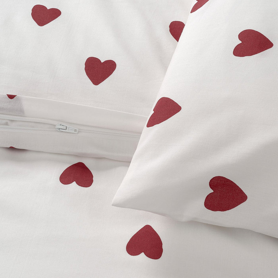 BJÖRNBÄRBUSKE duvet cover and 2 pillowcases, heart pattern white/red, 240x220/50x80 cm